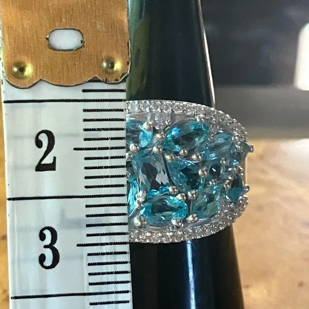 Natural Blue Apatite Moissanite Sterling Silver Cocktail Ring Size 6